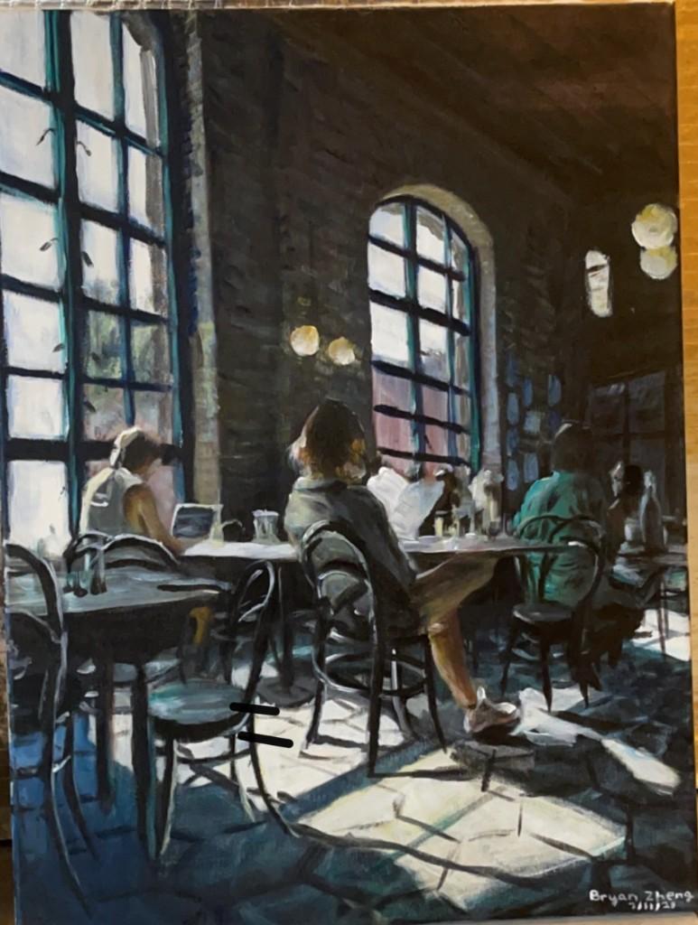 Impressionistic painting of a cafe interior with sunlight through large windows onto patrons at tables