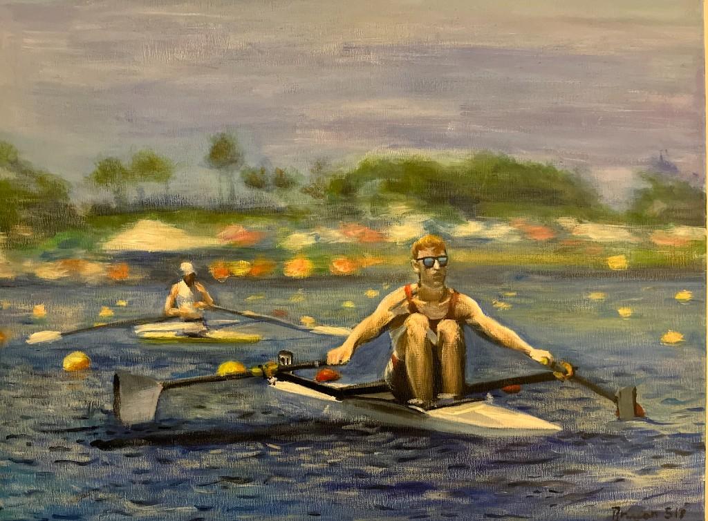 Cooper - rowing scene with two scullers on blue water