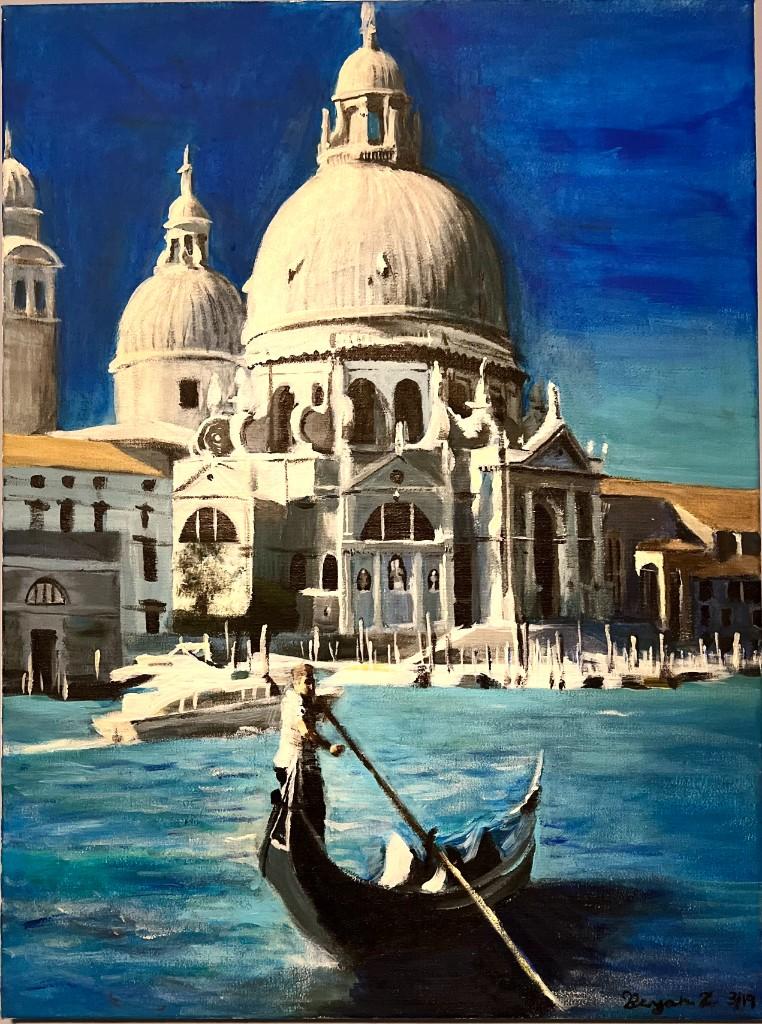 Gondola on turquoise canal in Venice with Santa Maria della Salute