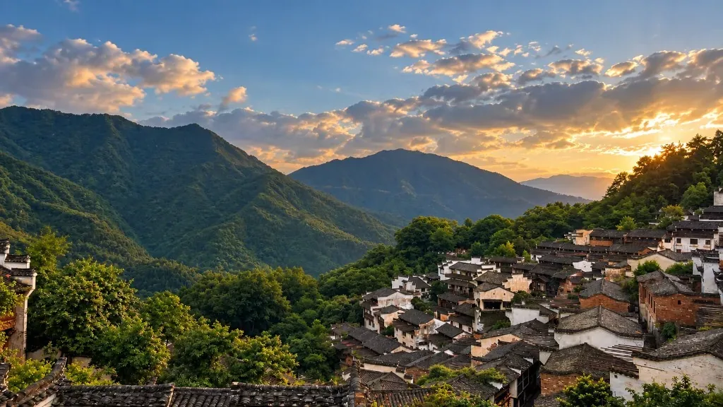 Mountain village at sunset